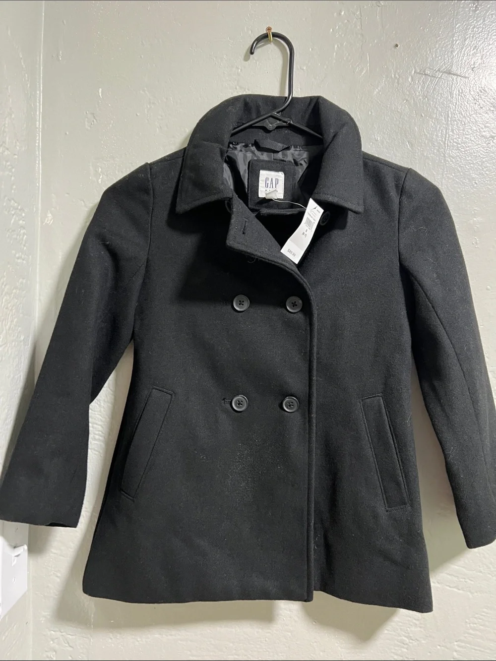New Gap Kids black Wool Blend Pea Coat Size 6-7 double breasted